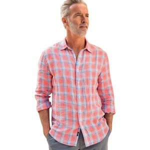 Faherty Brand Men's Ventura 100% Washed Linen Button Down Shirt Coral Plaid L